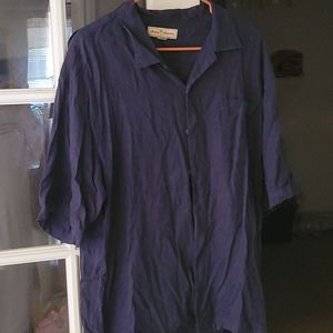 Navy blue  silk  button down short sleeve  shirt